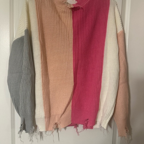 Colorblock V-Neck Sweater  - Pink, White, Peach, and Gray - Picture 2 of 5